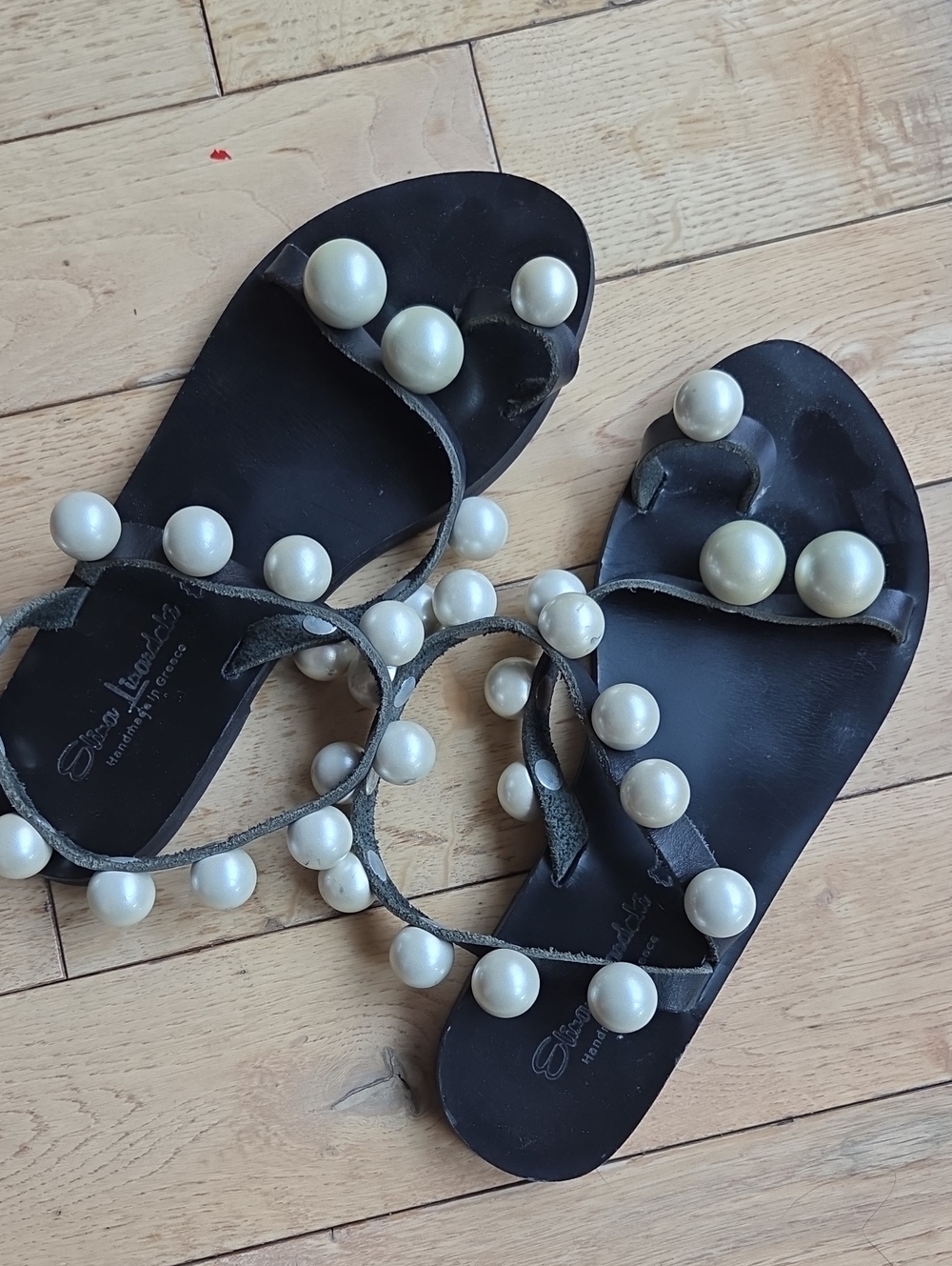 Black Pearl-Accent Women's Flat Sandals handmade in Greece Elina Linardaki